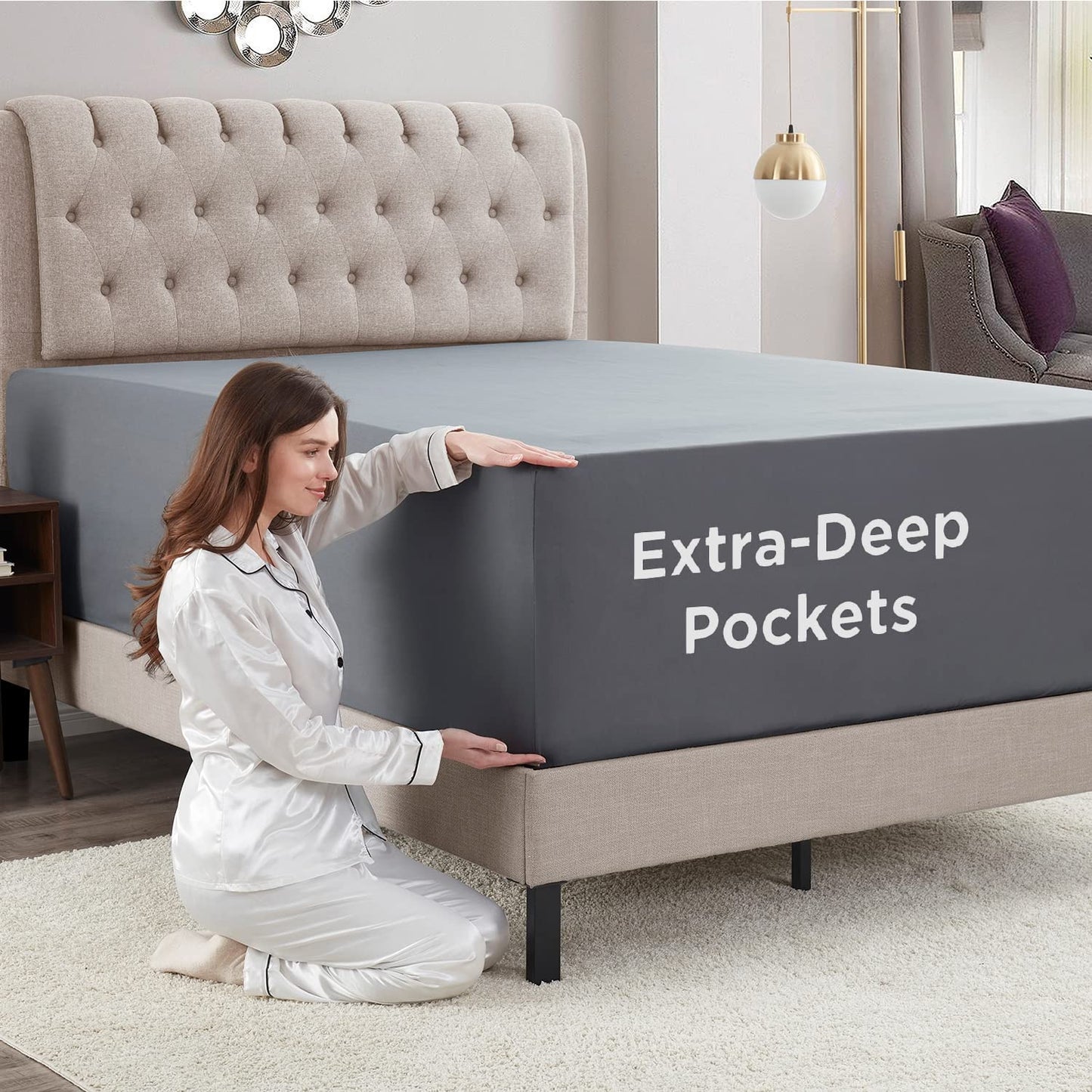 Empyrean 2 Pack Charcoal Grey Extra Deep Pocket King Fitted Sheet Only, Hotel Luxury King Size Fitted Sheets Easily Fits 18 to 24 Inch Mattress, Super Soft, Wrinkle-Free Bottom Sheets w/Corner Straps