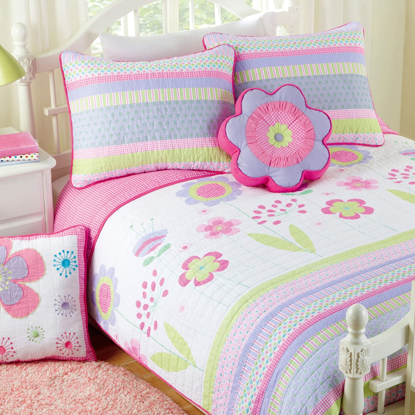 Cozy Line Home Fashions Pink Lavender Green Floral Print Girl 100% Cotton Reversible Quilt Bedding Set, Coverlet, Bedspread (Blossom, Queen - 3 Piece)