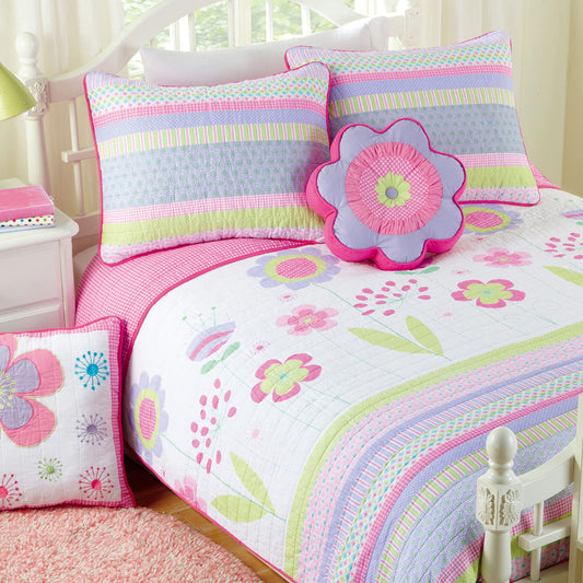 Cozy Line Home Fashions Pink Lavender Green Floral Print Girl 100% Cotton Reversible Quilt Bedding Set, Coverlet, Bedspread (Blossom, Queen - 3 Piece)