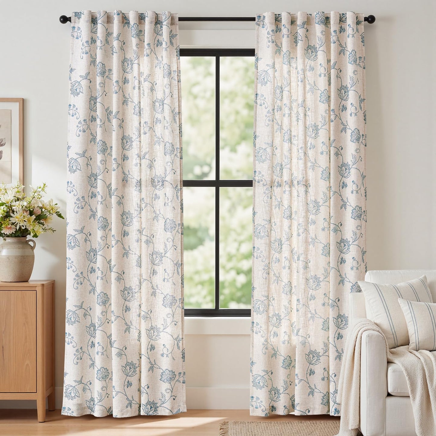 jinchan Linen Curtains Floral Curtain 84 Inch Length for Living Room Bedroom Light Filtering Rod Pocket Back Tab Jacobean Curtains Flax Linen Texture Window Drapes Set 2 Panels Blue on Linen