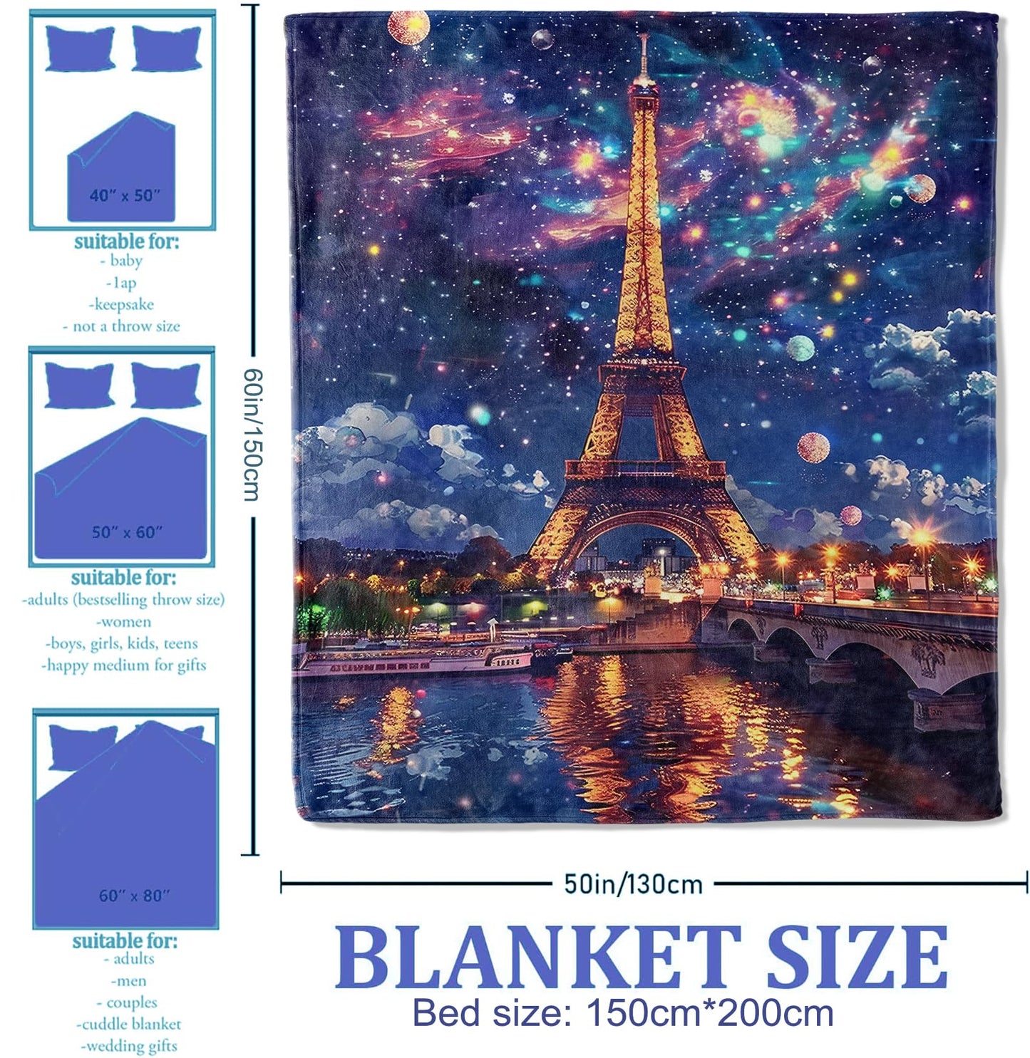 Plistiz Paris Eiffel Tower Throw Blanket for Women Girls Boys, Soft Flannel Blankets Gifts for Living Room Couch, Home, Sofa Decor, 50"x60"