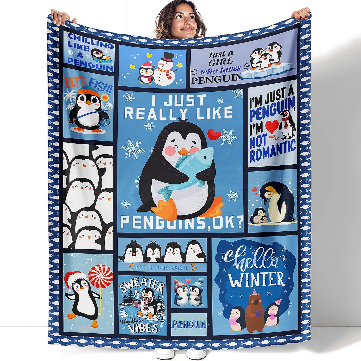 XSMEI Penguin Throw Blanket, Cute Animal Collage Design, Soft Cozy Fleece Blanket for Couch Bed, 60 x 80 Inches