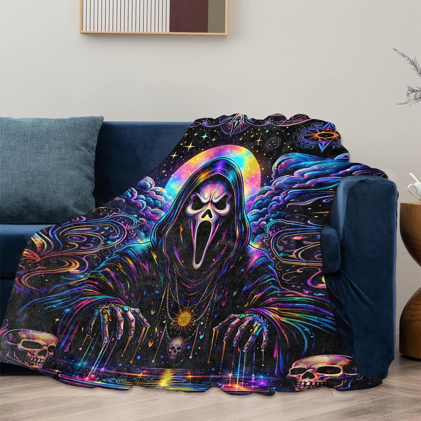 Neon Skull Tarot Gothic Throw Blanket Gifts for Kids Women, Soft Warm Horror Flannel Blankets for Living Room Sofa Home Bedroom Decor 50" x 60"