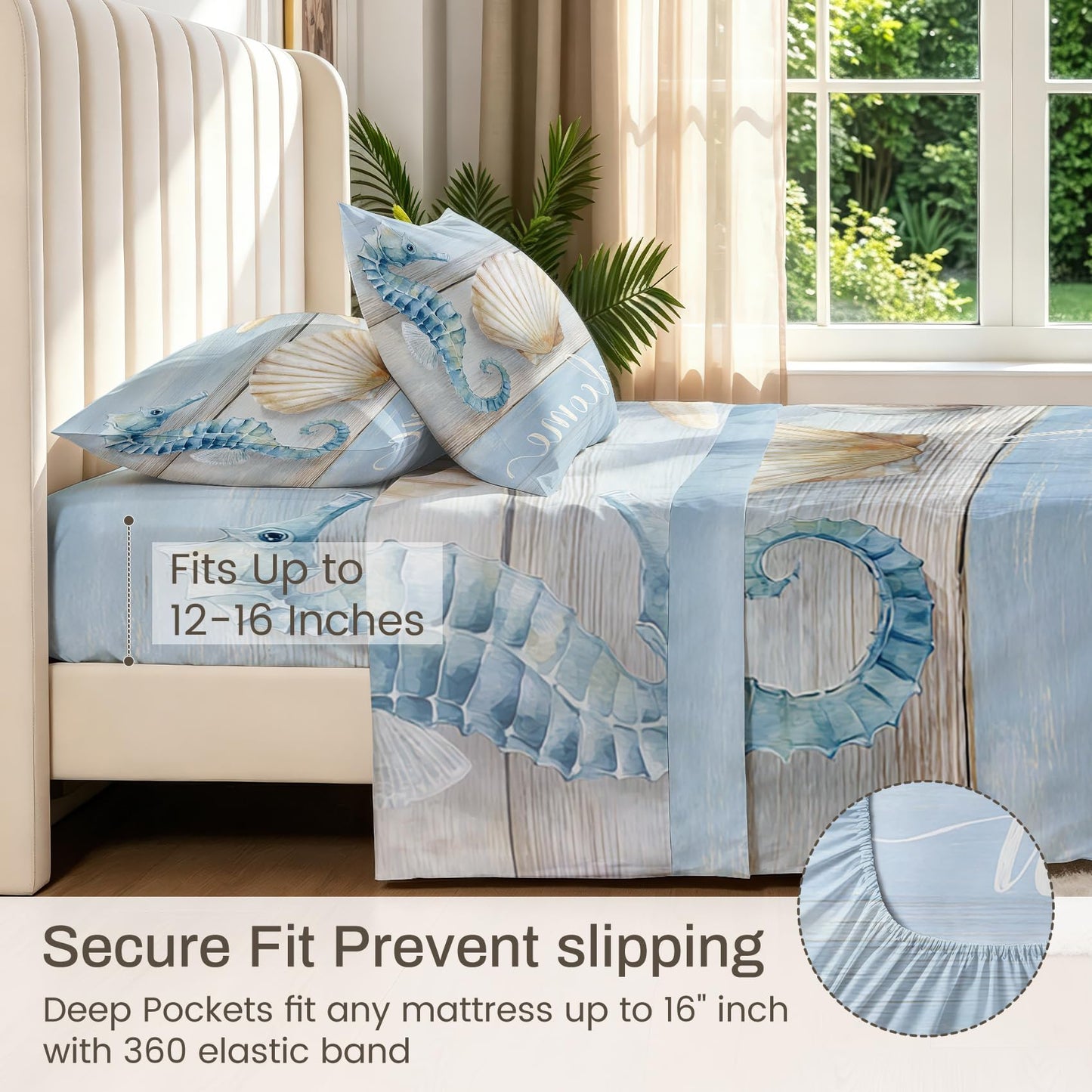 Seahorse and Shell Queen Sheet Set 4 Pcs Rustic Wooden Bed Sheets