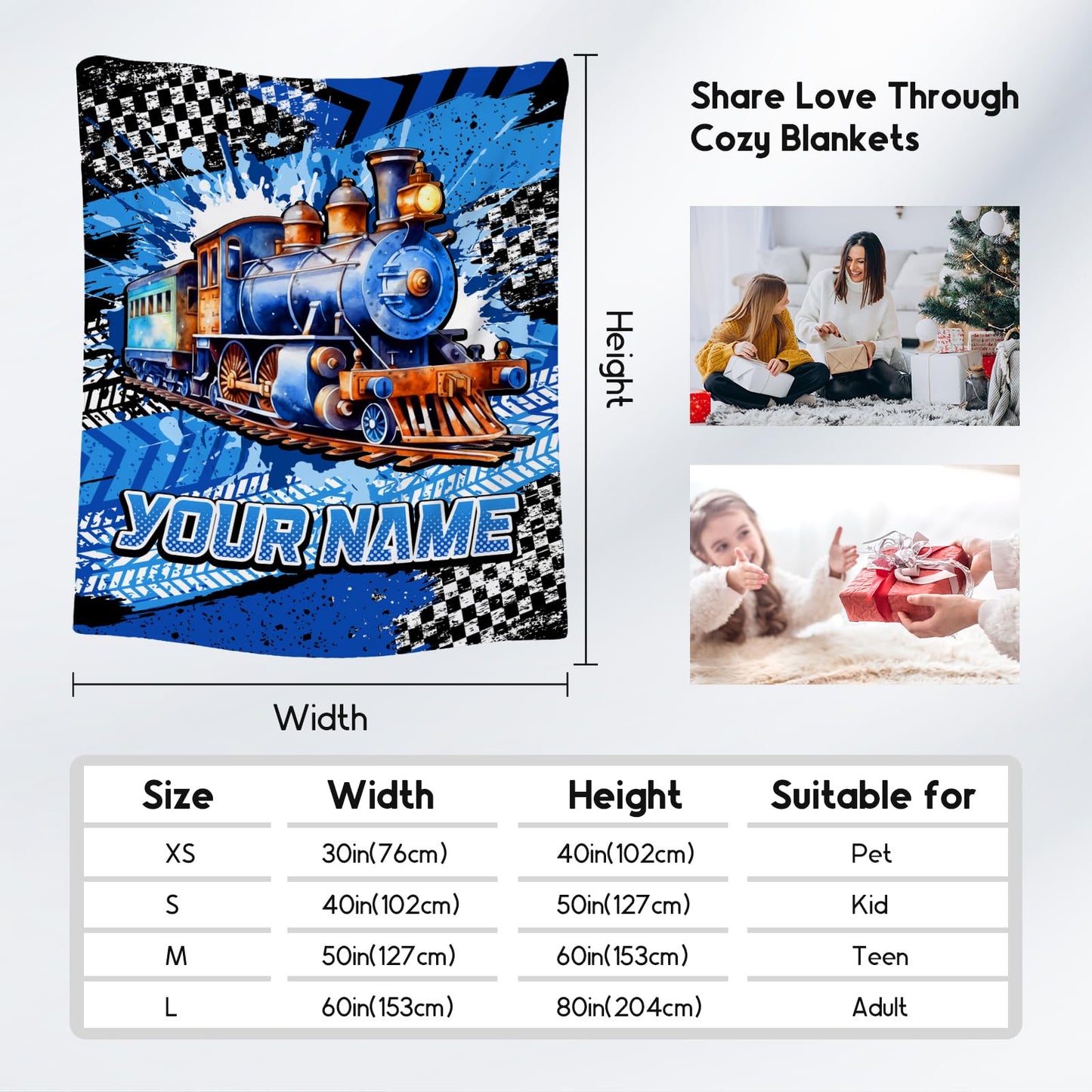 AIOMXZZ Personalized Blanket for Kids, Train Blanket for Boys Toddler, Custom Gifts for Son, Cool Fleece Throws, 4 Size
