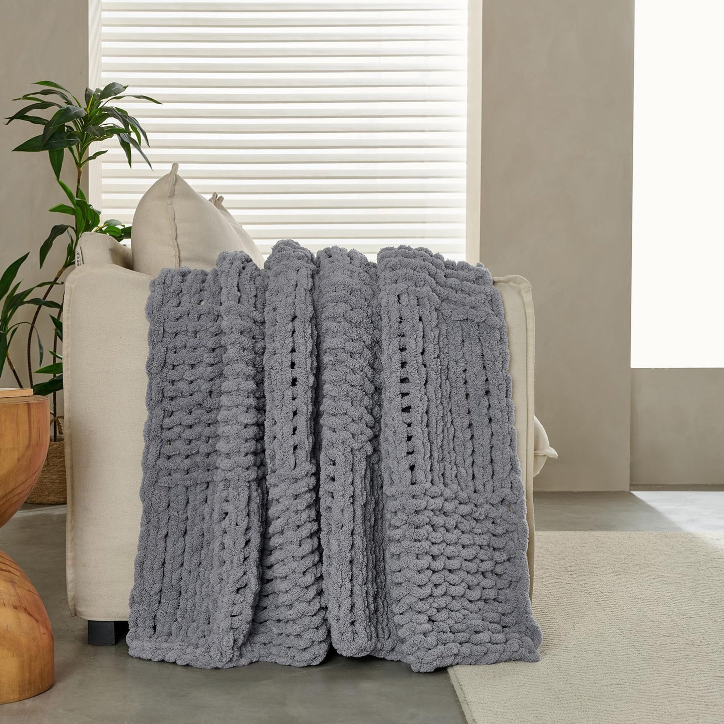 WZOWZO Chunky Knit Blanket Throw 50x60 Inches,Handmade Cable Knit Crochet Blanket,Cozy Lightweight All Season,Wrinkle-Resistant Polyester for Couch Bed Sofa Reading Nook,Grey