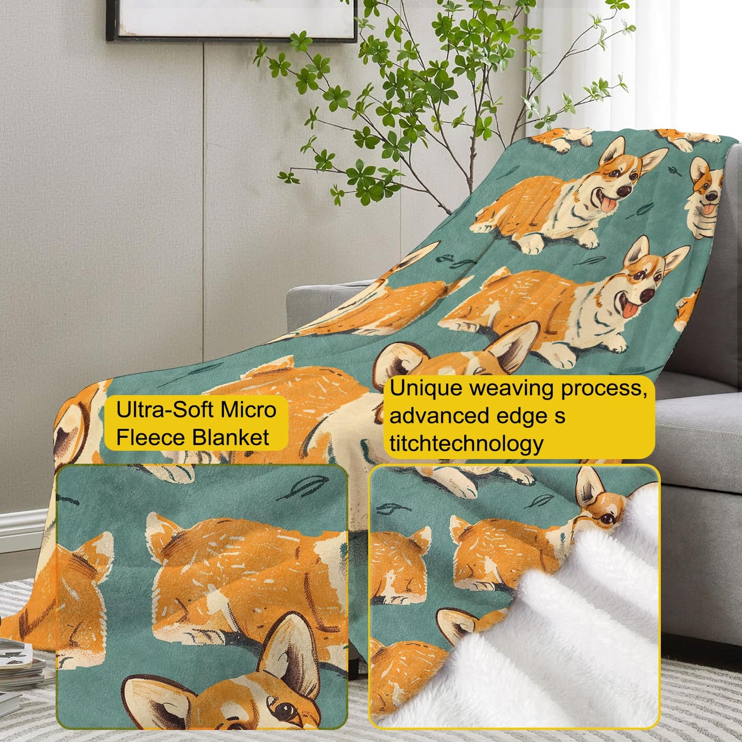 VANZEV Corgi Dog Throw Blanket Gifts, Soft Cozy Fleece Blanket with Cute Corgi Print, Lightweight Warm Blanket for Kids Boys Girls Dog Lovers, Perfect for Couch Bed Sofa, 50x60 in