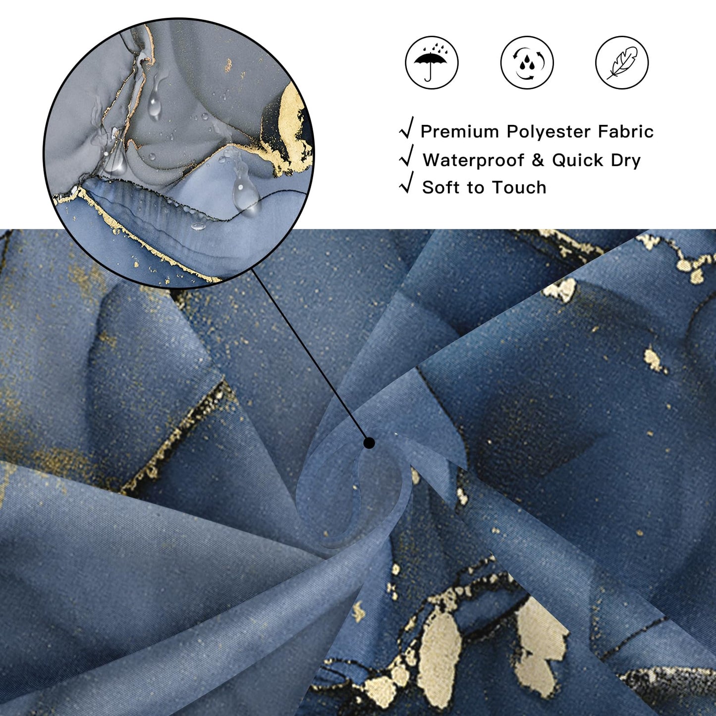 BayNook Navy Blue Marble Shower Curtain, Dark Blue Modern Abstract Fabric Shower Curtains for Bathroom, Luxury Art Ink Texture Watercolor Shower Curtain Set with Hooks 72x72