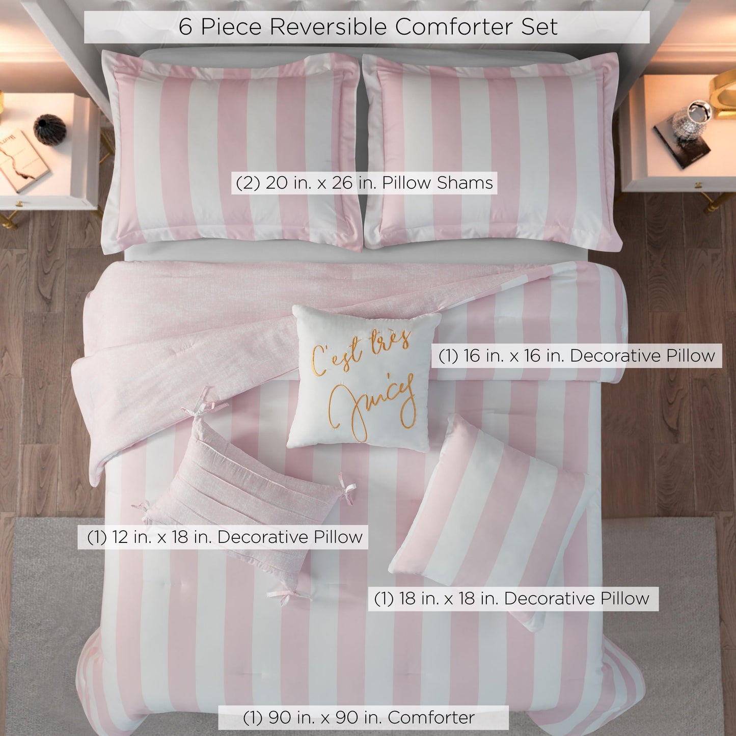 Juicy Couture Cabana Stripe Reversible Bedding Set - Queen/Full Size - Dogwood Pink/White Stripe Print – 6 Piece Set – Includes 1 90" x 90" Comforter, 3 Decorative Pillows, 2 Shams