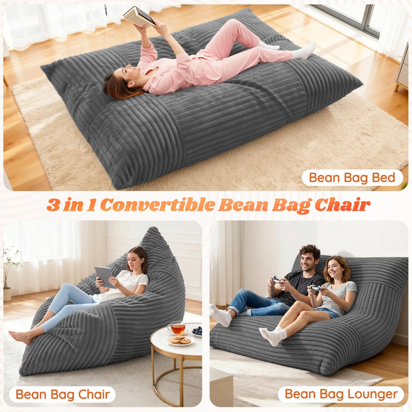 LuxMoment 3 in 1 Giant Bean Bag Chair for Adults and Kids, Oversized Convertible Bean Bag Bed with Machine Washable Cover, Comfy Soft Memory Foam Floor Sofa for Living Room, Bedroom & Game Room(Grey)