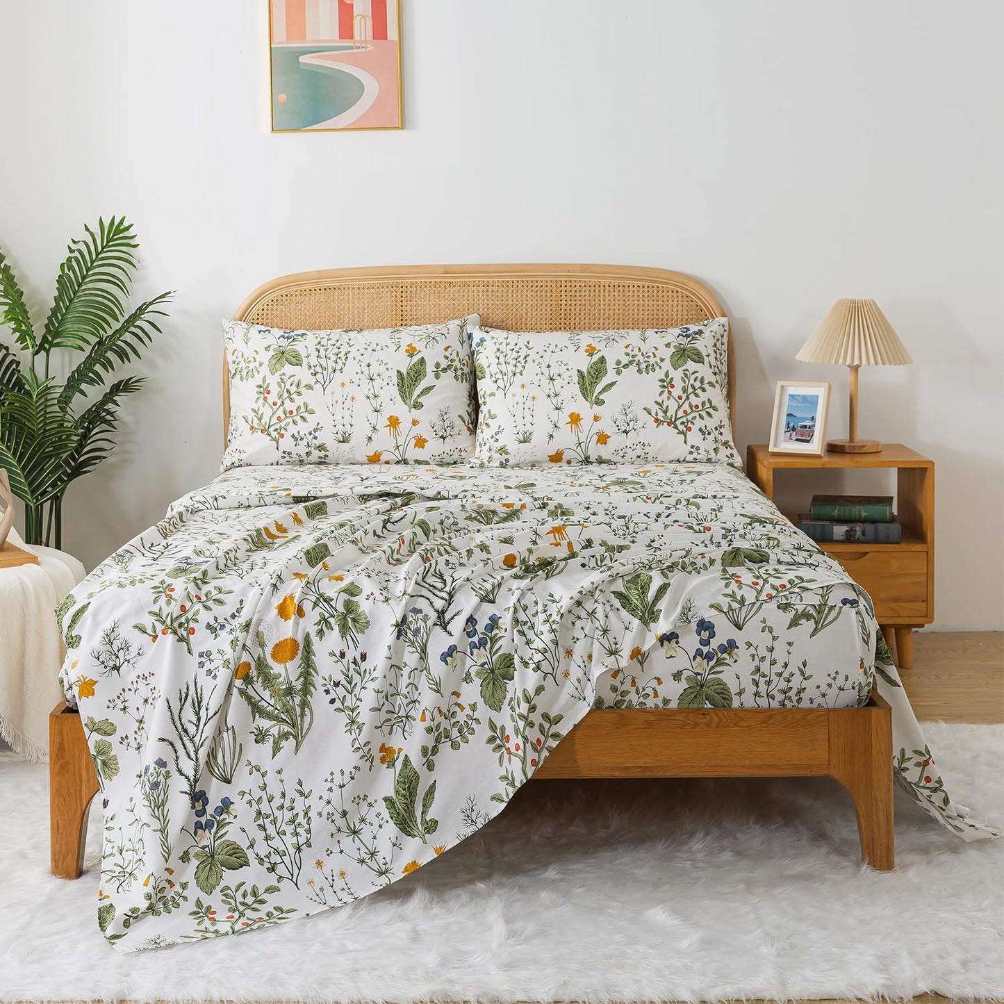 Zusbest Queen Sheet Set 100% Percale Cotton Green Floral Bed Sheet Set Yellow Flower & Green Leaves Botanical Pattern Printed on White Garden Luxury Crisp Soft Deep Pocket Fitted Sheet 17.5'' 4Pcs