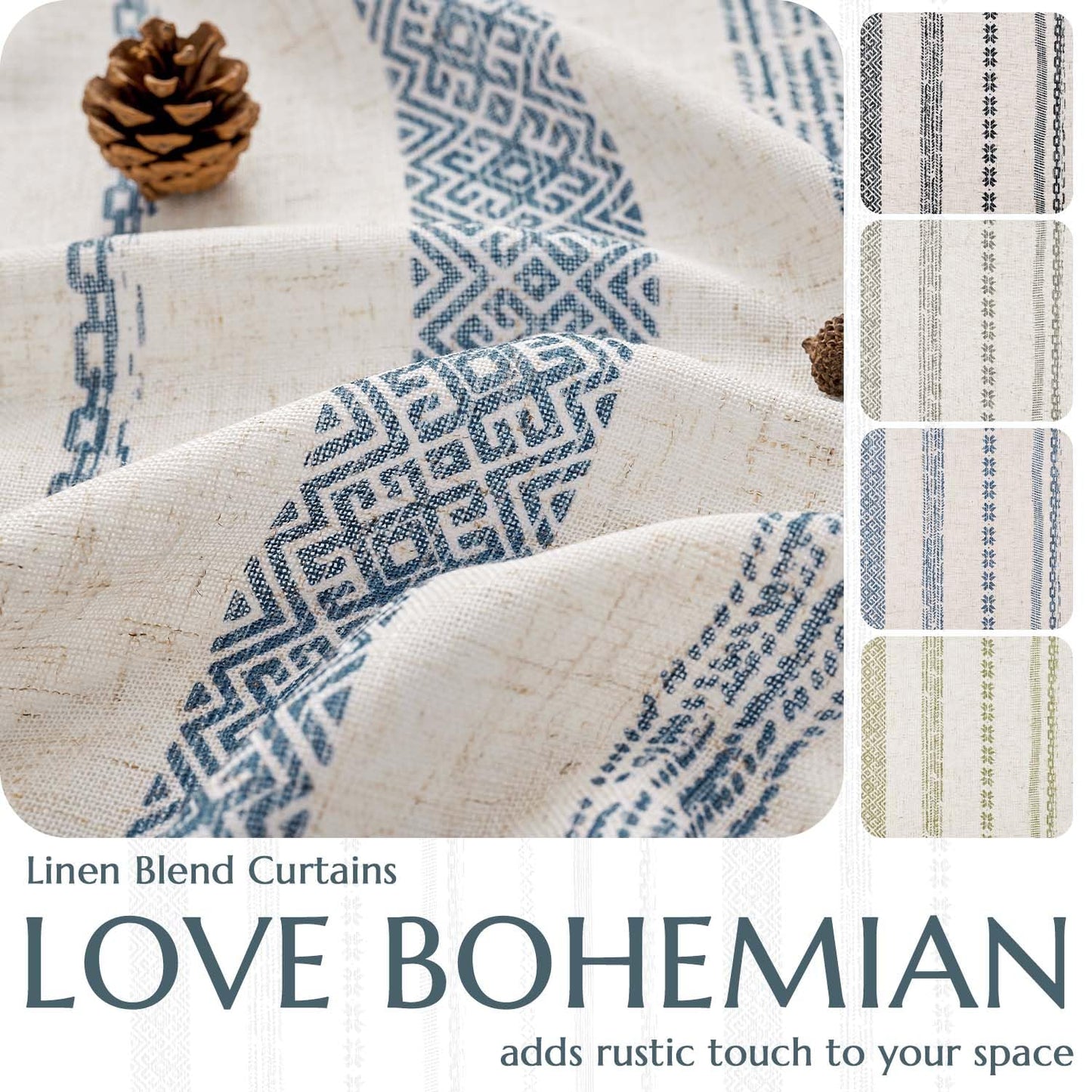 jinchan Linen Blend Boho Curtains for Living Room, 84 Inch Long Blue Printed on Beige Retro Farmhouse Bohemian Geometric Striped Drapes, Light Filtering Back Tab Curtains 2 Panels