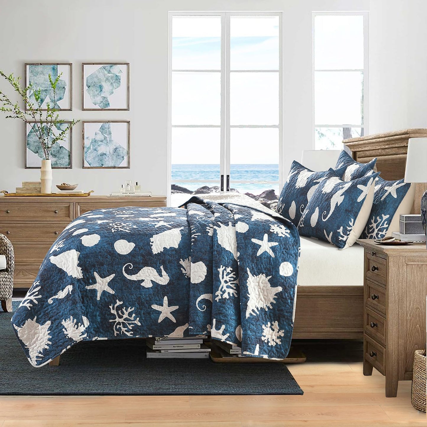 HORIMOTE HOME Coastal Quilt Bedding Set Queen Size, Reversible Navy Summer Beach Quilt Lightweight Ocean Nautical Comforter Tropical Bedspread Coverlet with 2 Pillow Shams for All Seasons (90"x96")