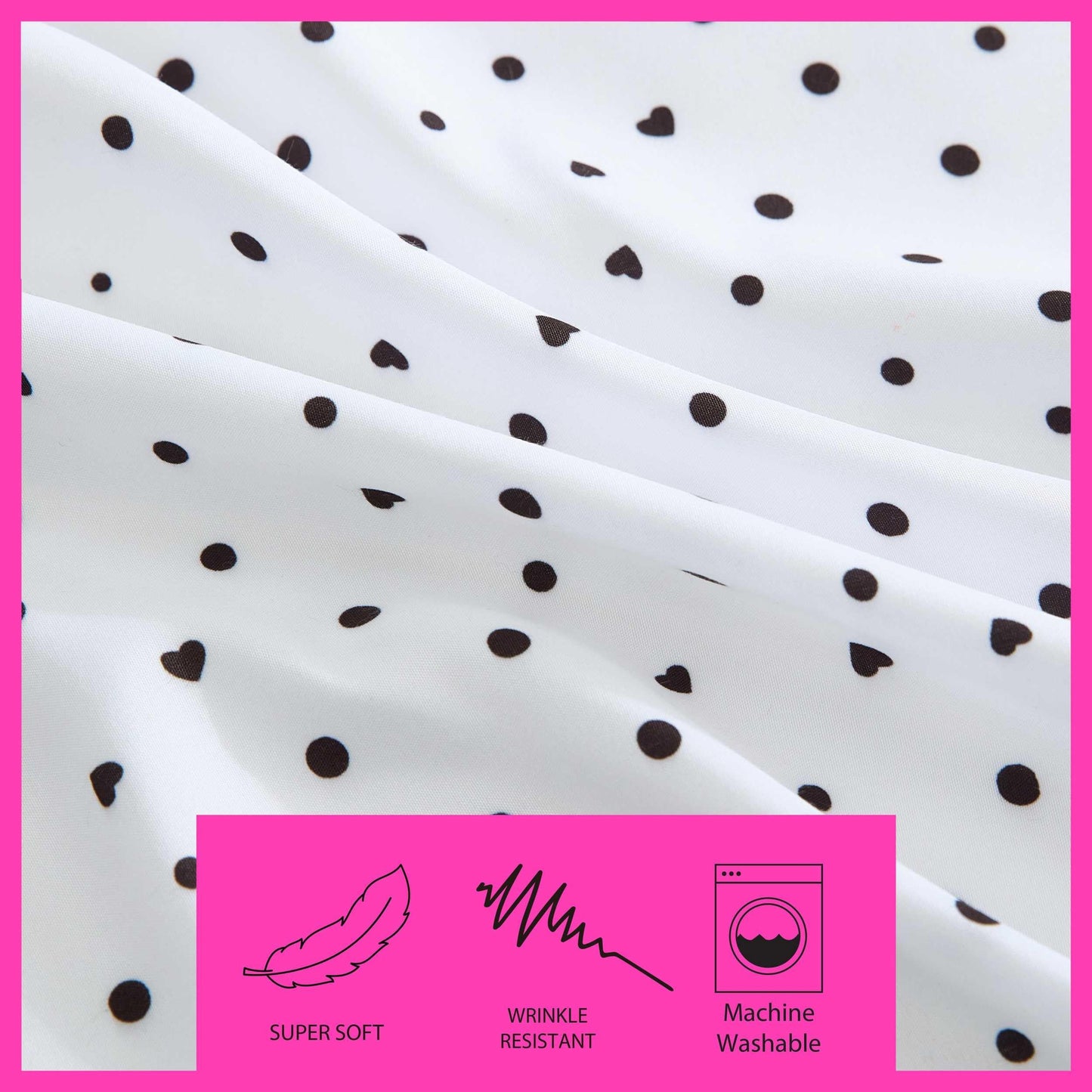Betsey Johnson - Queen Size Sheet Set, Ultra-Soft Bedding with Smooth Feel, Deep Pockets, Bed Sheets with Matching Fitted Sheet & Pillowcases (Polka Dot Heart Black)