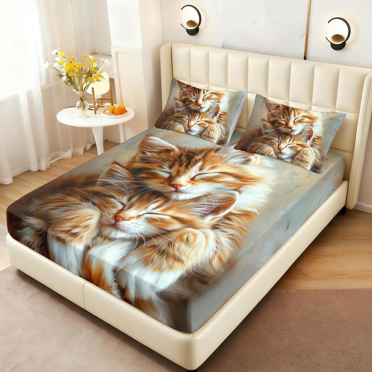 AILONEN Kawaii Cat Fitted Sheet Set Twin,Cute Orange Kitten Bedding for Kids Boys Girls,3 Piece Artistic Oil Painting Bedroom Decor with 2 Pillowcases,16" Deep Pocket