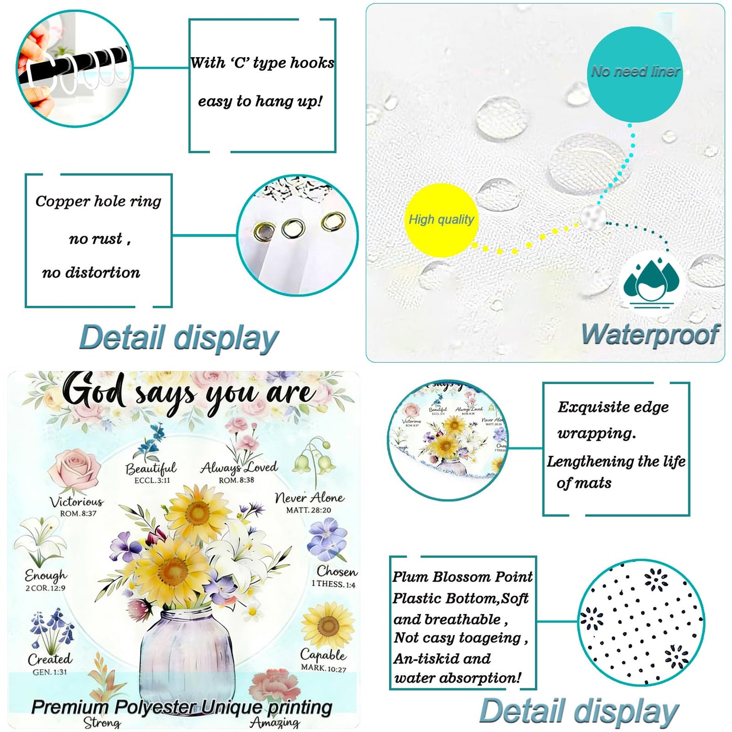 NEWSUYAA 4 Pcs Sunflower Floral Shower Curtains, God Says You are Christian Bathroom Set with Non-Slip Rugs, Inspirational Bible Verse Bath Decor Gift, Waterproof Flowers Curtains with Hooks (Teal)