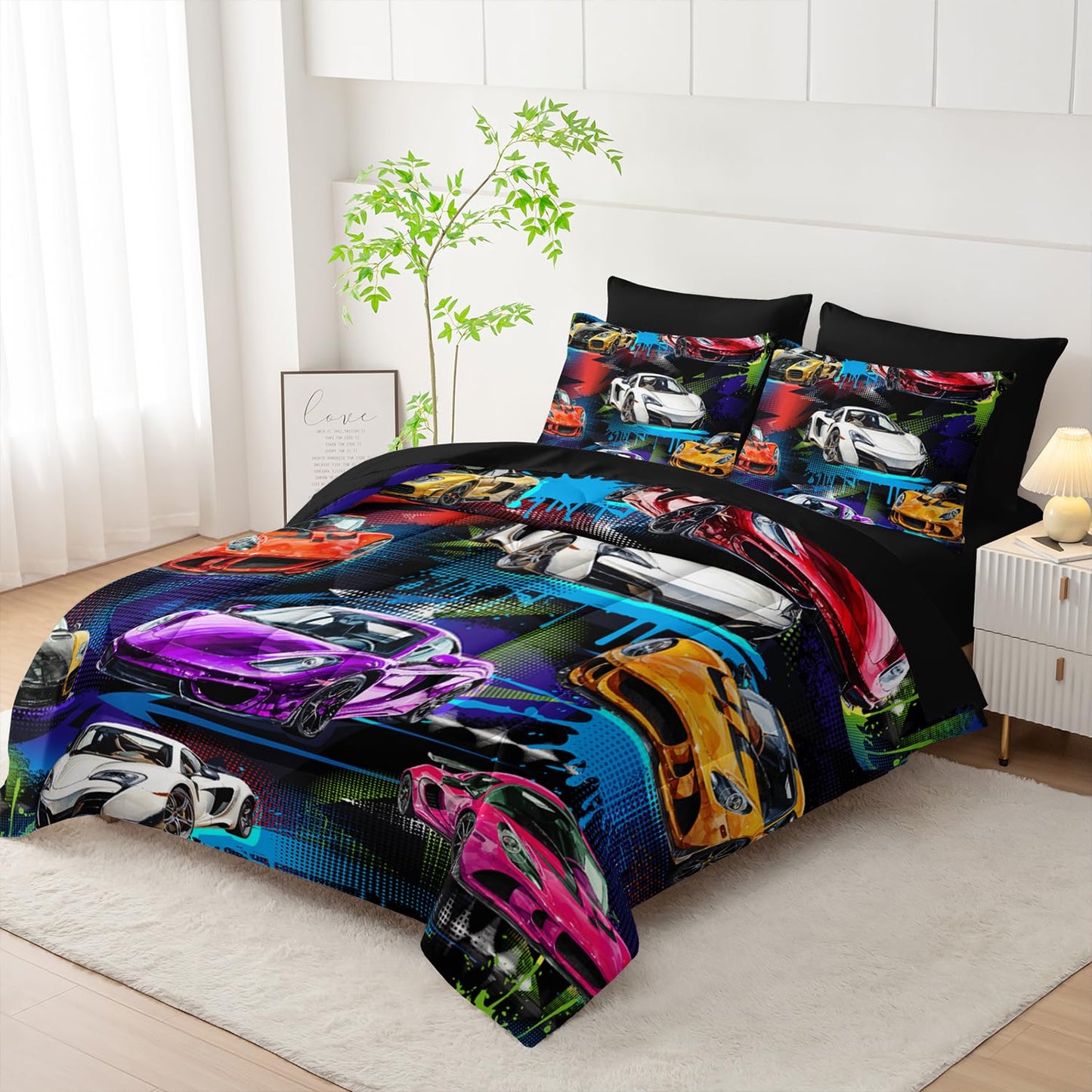 AILONEN 7-Piece Racing Car Comforter Sets Full Size,Extreme Sports Bedding Set Bed in a Bag for Kids Boys Teens,Cool Speed Race Comforter & Fitted Sheet with Flat Sheet & 2 Pillowcases,2 Pillow Shams