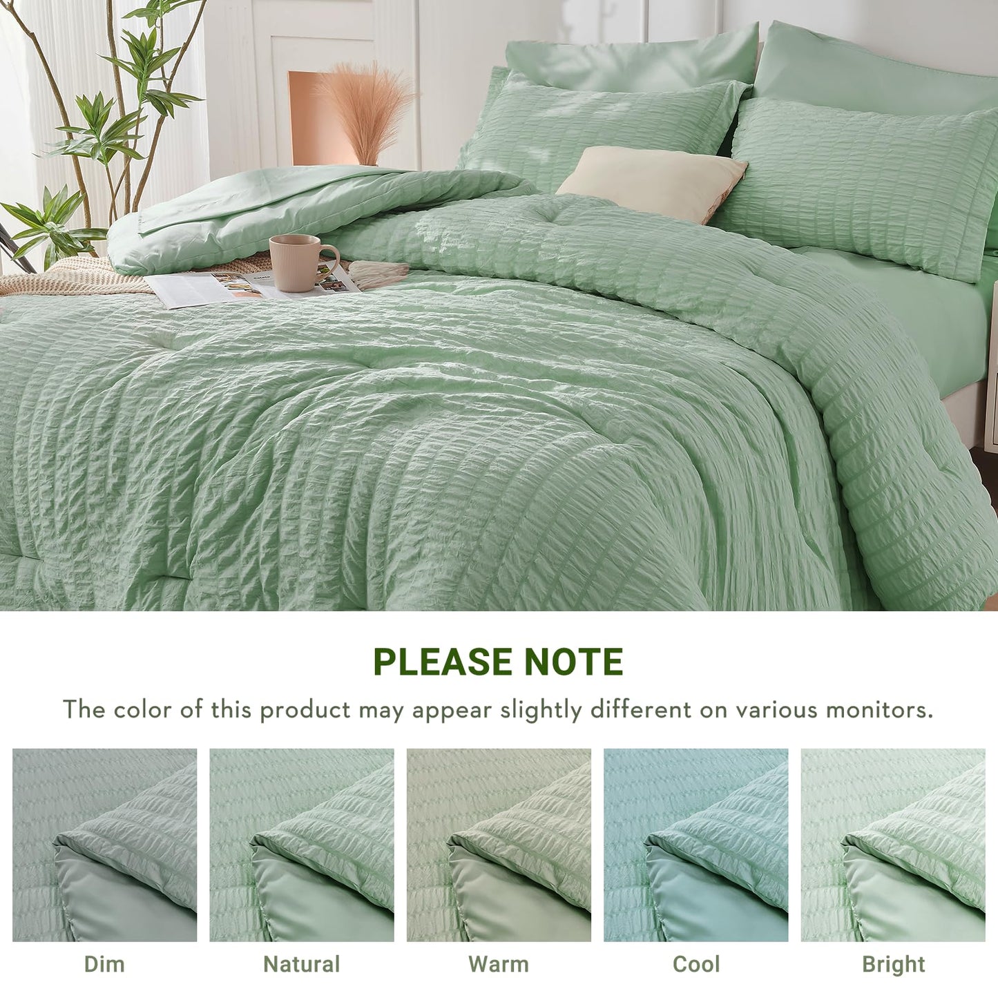 HYMOKEGE Sage Green Oversized Queen Comforter Set Seersucker 7 Pieces, All Season Luxury Bed in a Bag for Bedroom, Bedding Set with Comforter, Sheets, Pillowcases & Shams