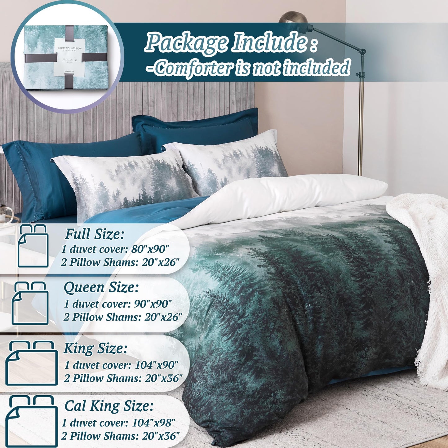 MILDLY 100% Long Staple Cotton Mountain Duvet Cover Set, Blue Green Gradient Trees Pattern Printed Comforter Cover Set