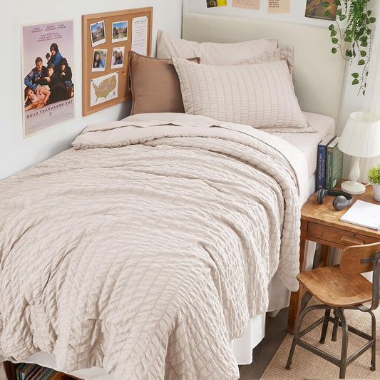 HYMOKEGE Beige Twin Comforter Set Seersucker 5 Pieces, All Season Luxury Bed in a Bag for Bedroom, Bedding Set with Comforters, Sheets, Pillowcase & Sham