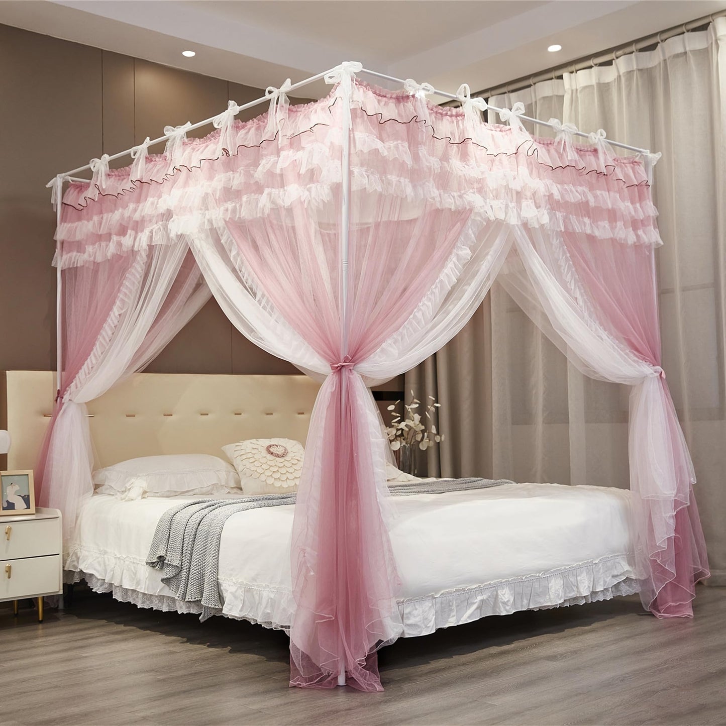 NXGIO Bed Canopy Curtain Double Layer 4 Corners Post Lace Up Ruffle Princess Drape Netting 4 Opening Mosquito Net for Girls Bedroom Decoration (Pink/White, 53" W*78" L*82" H/Full)