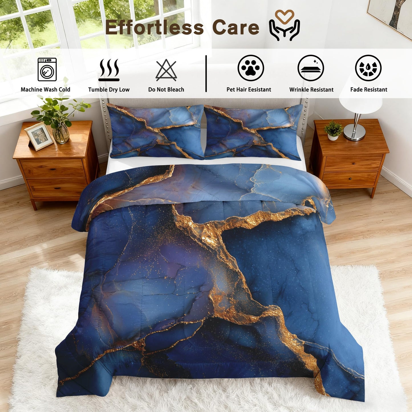 Blue Marble Comforter Set King Size 3Pc, Modern Abstract Pattern Down Alternative Bed Comforter, 2 Pillow Shams, Soft All Season Bedding, Blue Marble Bedroom Decor AF66