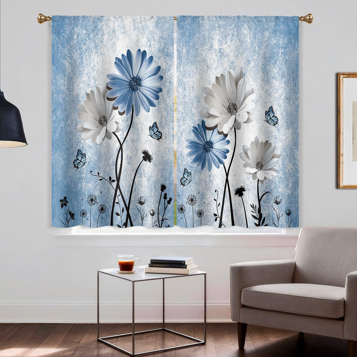 Cizuug Rustic Blue Daisy Floral Kitchen Curtains Farmhouse Flower Small Short Cafe Window Curtains Butterfly Country Rod Pocket Bathroom Window Drapes Treatment Tier Curtains 2 Panels (27.5x39 Inch)