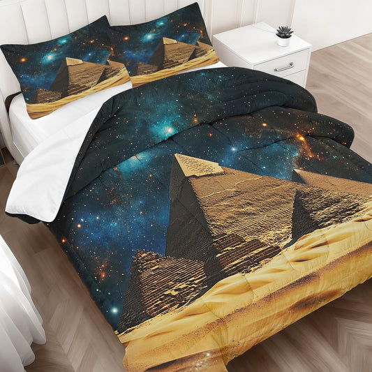Pyramid Comforter Set King Size, Old Egypt Print Bedding 3 Pieces, Soft Fluffy Lightweight Microfiber with 1 Comforter and 2 Pillow Shams for All Season, Cozy Bed Set for Bedroom Decor
