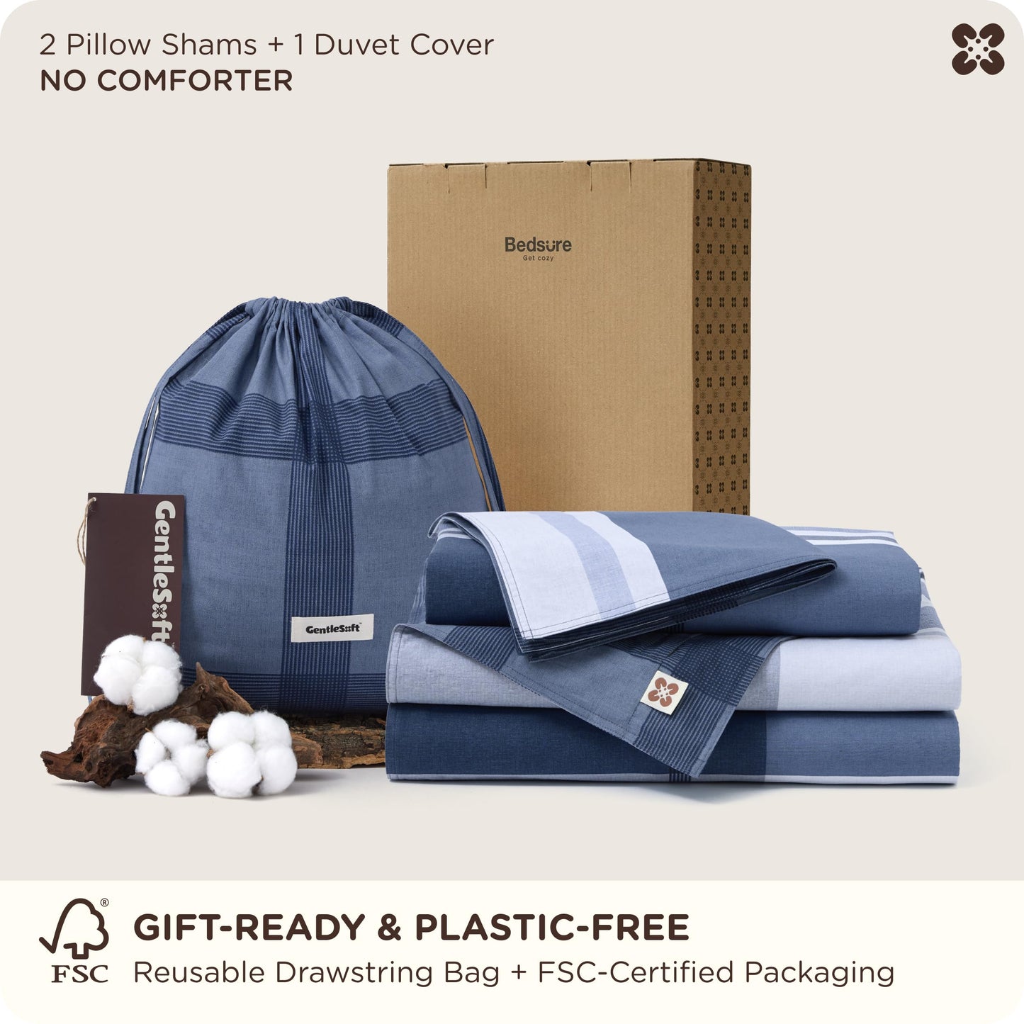 Bedsure Plaid Duvet Cover Queen Size - 100% Cotton Reversible Classic Navy Checkered Pattern Duvet Cover Set, 3 Pieces Soft & Breathable PureWoven Bedding Set with 2 Pillow Shams (Navy Plaid 90"x90")