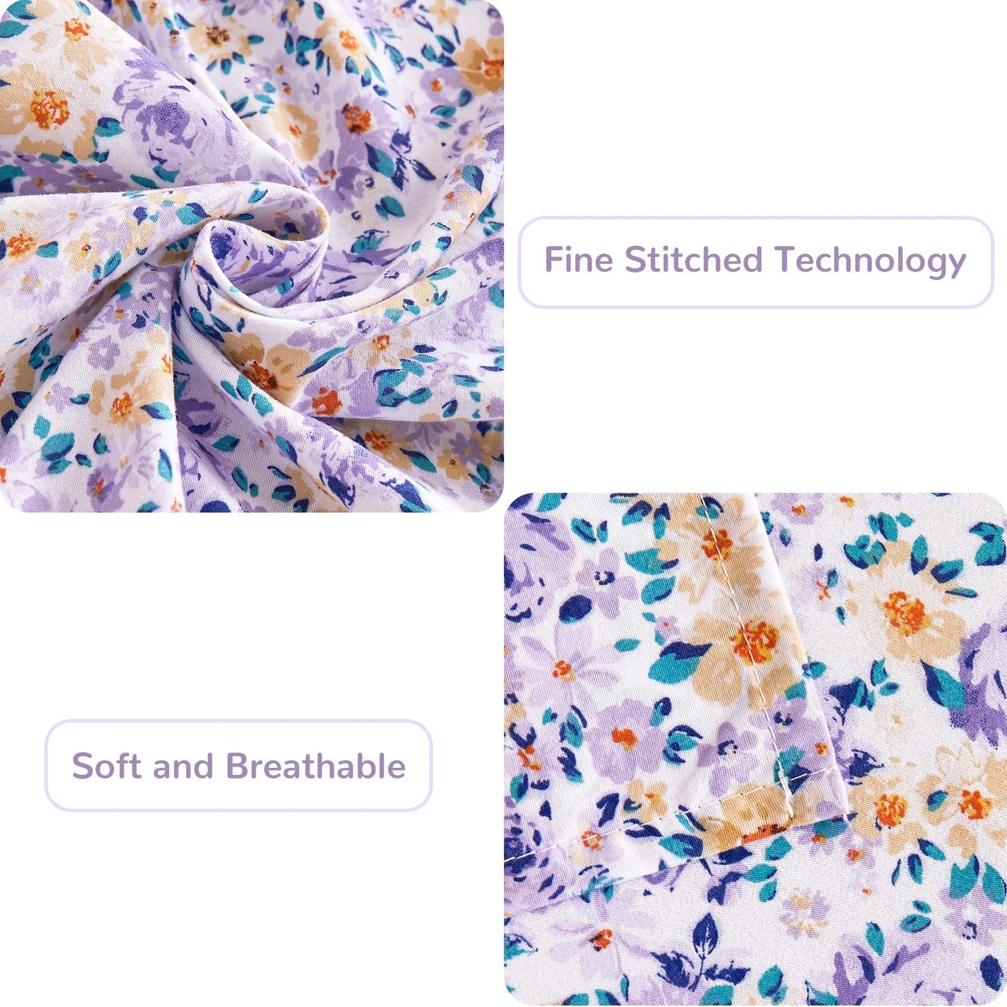 Mooreeke Floral Queen Bed Sheets, Soft Microfiber Printed Bedding Sheets & Pillowcases, Deep Pocket Non-Slip Vintage Queen Sheet, Purple Yellow Flower Pattern Bedsheets