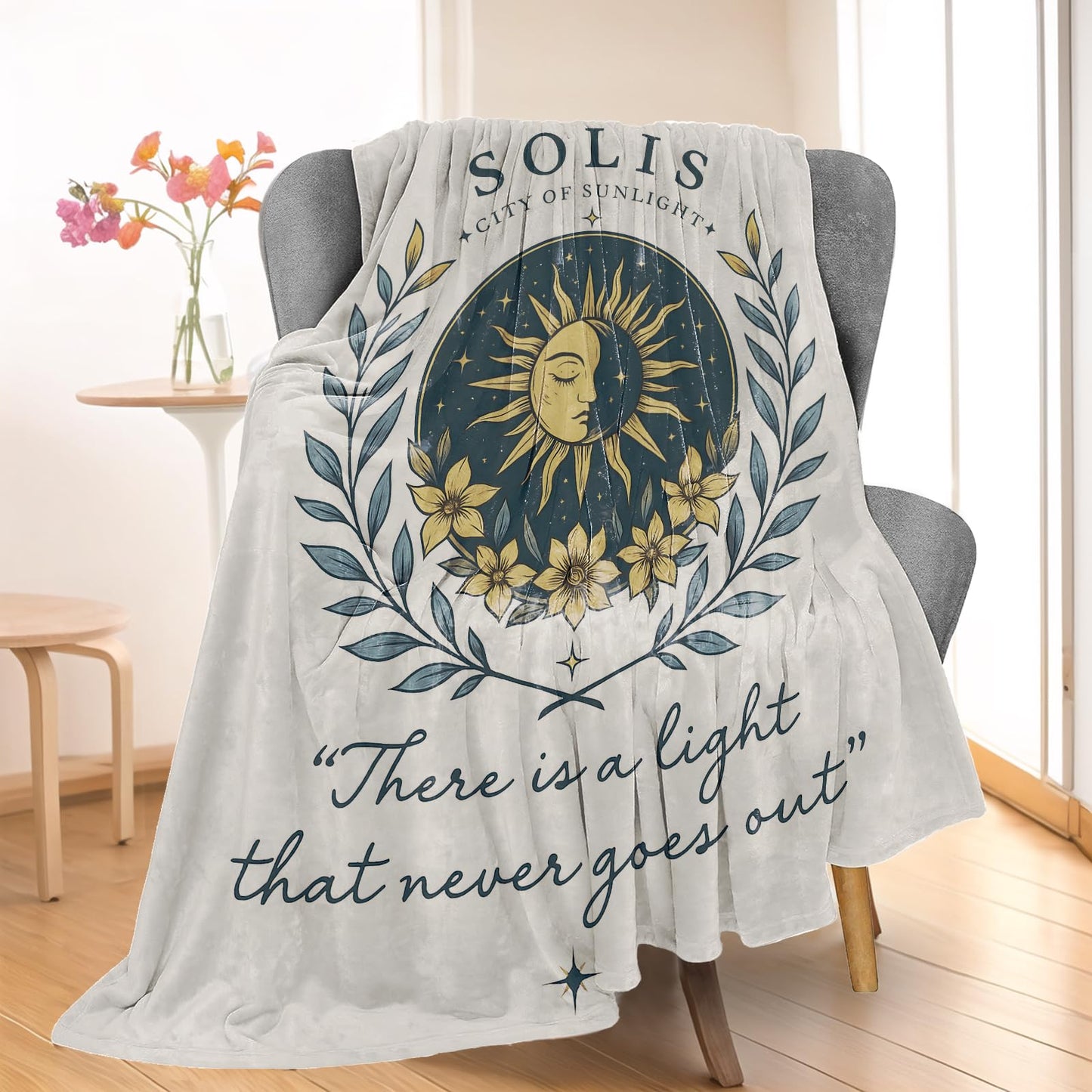 Wanoryer Sun and Moon Blanket, Comfy & Warm Flannel Flower and Leaves Design Throw Blanket for Couch, Gifts for Adults Kids Women Men, Soft Fuzzy Lightweight Travel Bed Blankets for Decor 50"×60"