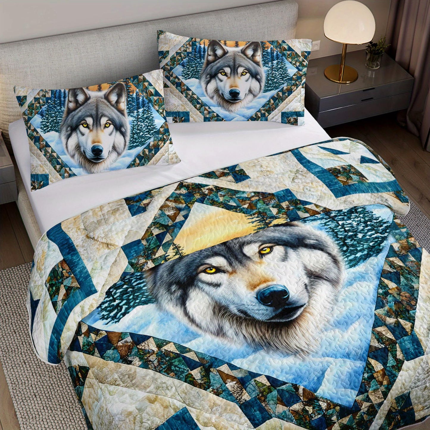 Tuzaovy Wolf Animal Quilt Bedding Set Queen Size for Kid Teen,Wolf Bedspread Sets Bedding Cozy Winter Bedroom Decor,Geometric Animal Print Bed Cover Queen for Boys Girls Bedroom Decor