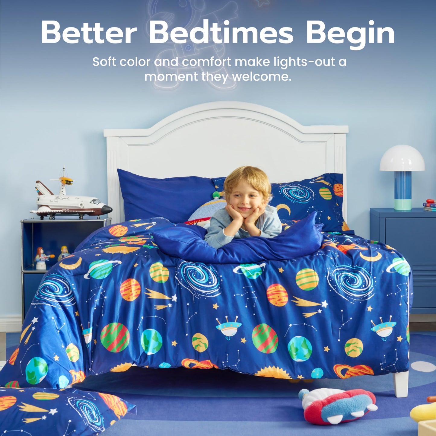 Joiedomi Kids Comforter Set Bedding Set for Boys Girls Super Soft Microfiber Bed in a Bag with Comforter Sheets Pillowcase Sham, Dark Blue Cosmic Space, Full