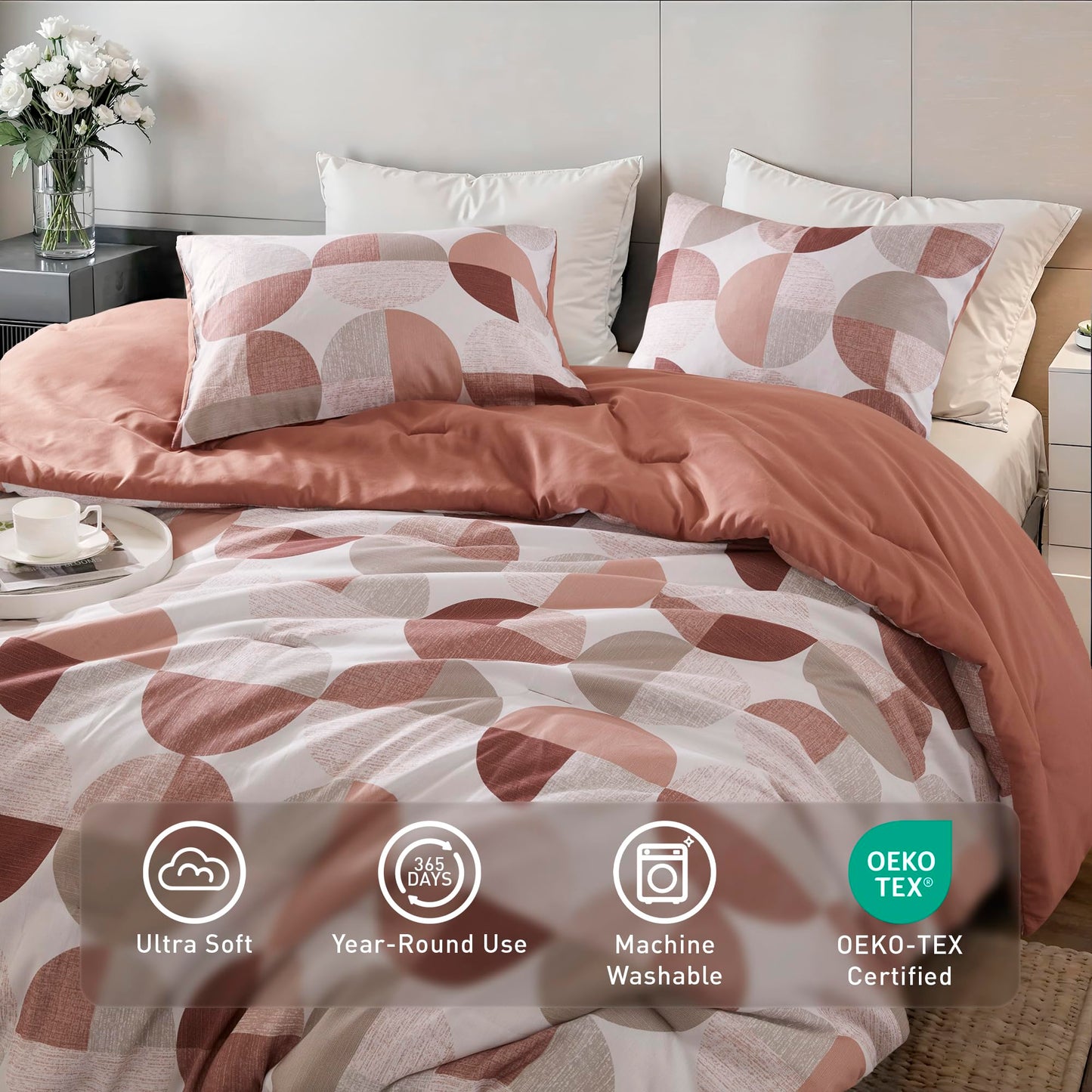 Regency Heights Stylish Three-Tone Printed King Size Comforter Set, 3 Pieces Ultra-Soft Microfiber Bedding Set, Warm and Cozy Comforter for All Seasons, Terracotta Blush
