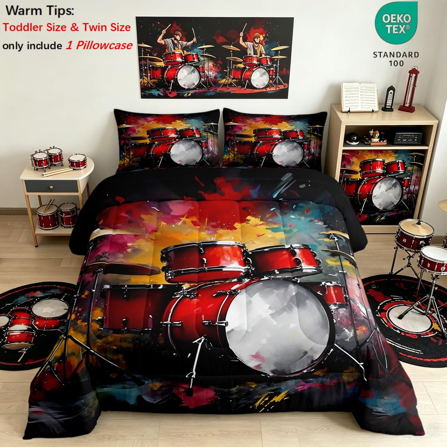Erosebridal Drum Kit 3D Print Kids Comforter Sets Rock Music Themed Queen Bedding Set for Boys Girls Musical Pattern Comforter Set,Colorful Retro Style Quilt Duvet 3 Pcs