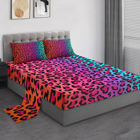 Pamnest Full Size Bed Sheet Sets, Colorful Neon Leopard Soft Microfiber 4 Pcs Bedding Sets for Kids and Adults Bedroom Bed Decor, Cheetah Rainbow Psychedelic Flat, Fitted Sheet and 2 Pillowcases