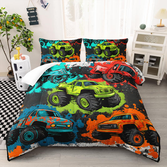 AILONEN Cartoon Monster Trucks Comforter Set Twin Size, 3-Piece Colorful Truck Bedding Set for Kids Boys,Graffiti Car Print Kid Comforter with 2 Pillowcases