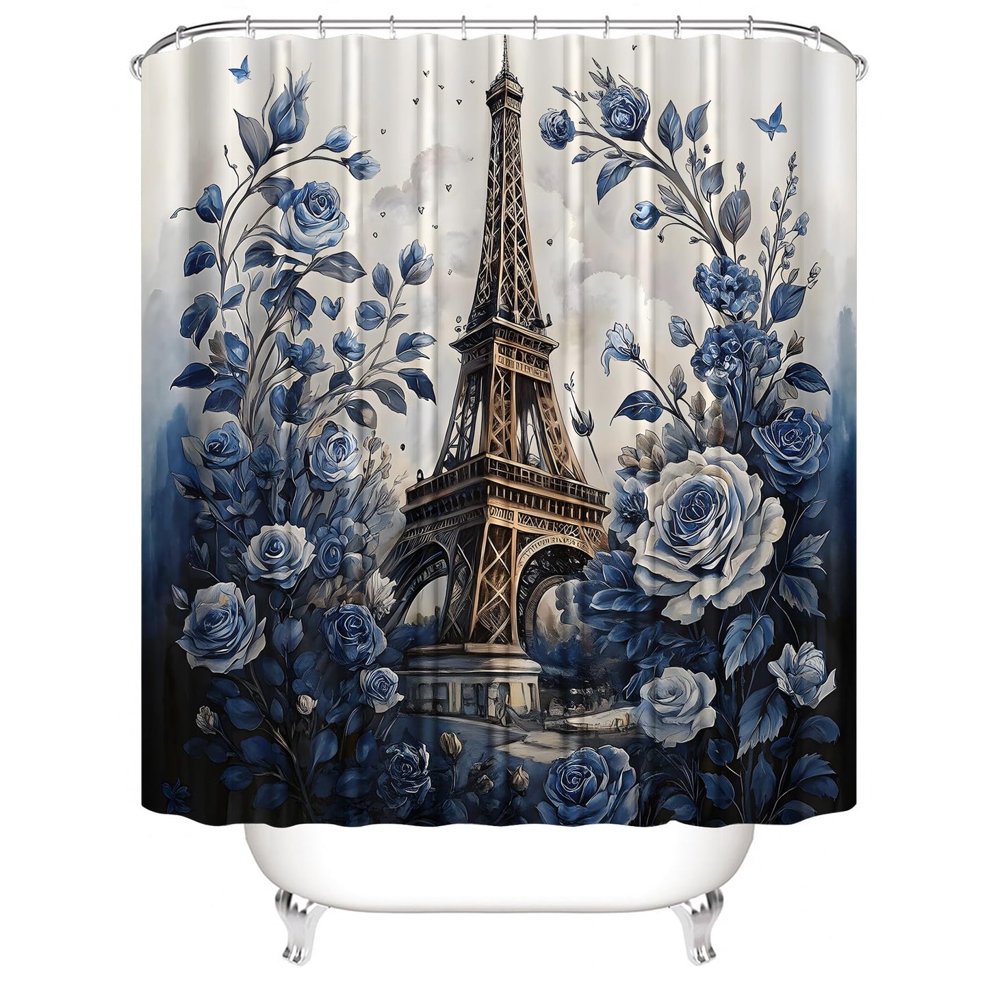 Chrainy 4Pcs Paris Eiffel Tower Shower Curtain Sets The Blue Rose Bathroom Set Decor with Non-Slip Rugs Bath U-Shaped Mat Toilet Lid Cover Waterproof Floal Bathroom Curtains Shower Set with 12 Hooks