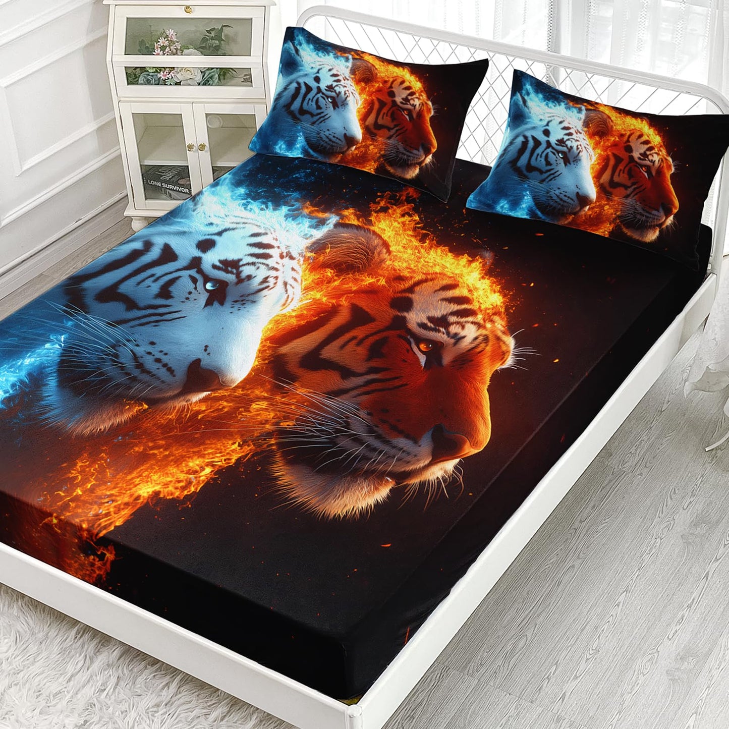 AILONEN Red Blue Fire Tiger Fitted Sheet Set Queen,Forest Wild Animal Deep Pocket Sheets with 2 Pillowcases,3D Tigers Printed Black Bed Sheet Set for Boys Girls,3-Piece