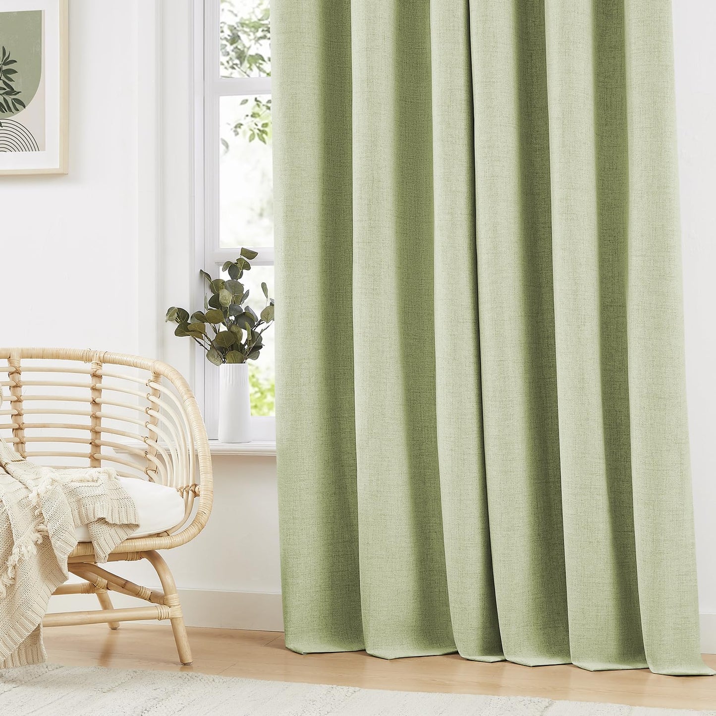 Melodieux Sage Green 100% Blackout Linen Curtains 84 Inch Length 2 Panels Set, Living Room Darkening Thermal Insulated Grommet Curtains, Bedroom Natural Farmhouse Burlap Textured Drapes, 42x84 inch