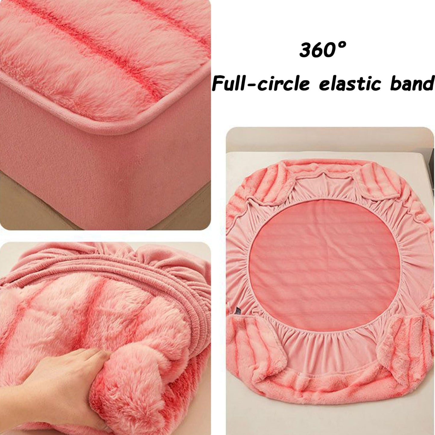 Plush Elastic Bed Sheets, Milk Velvet Fitted Sheets, Faux Rabbit Fur Bottom Sheet with 12" Deep Pocket, Winter Warm Thickened Mattress Cover(Pink,2 Pillowcases)