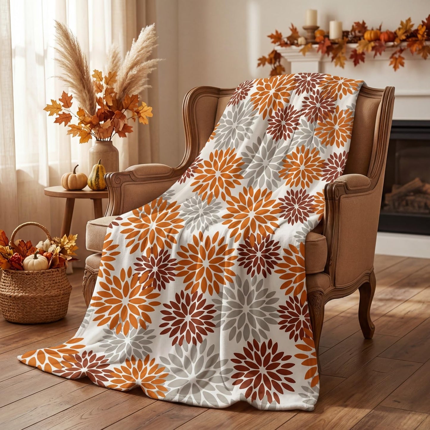 Horaldaily Orange Grey Dahlia Pinnata Blanket Throw, Fall Floral Soft Fuzzy Plush Faux Fur Cozy Blankets for Couch Sofa Bed Lounging, Ideal Gifts for Kids Adults Self 50x60
