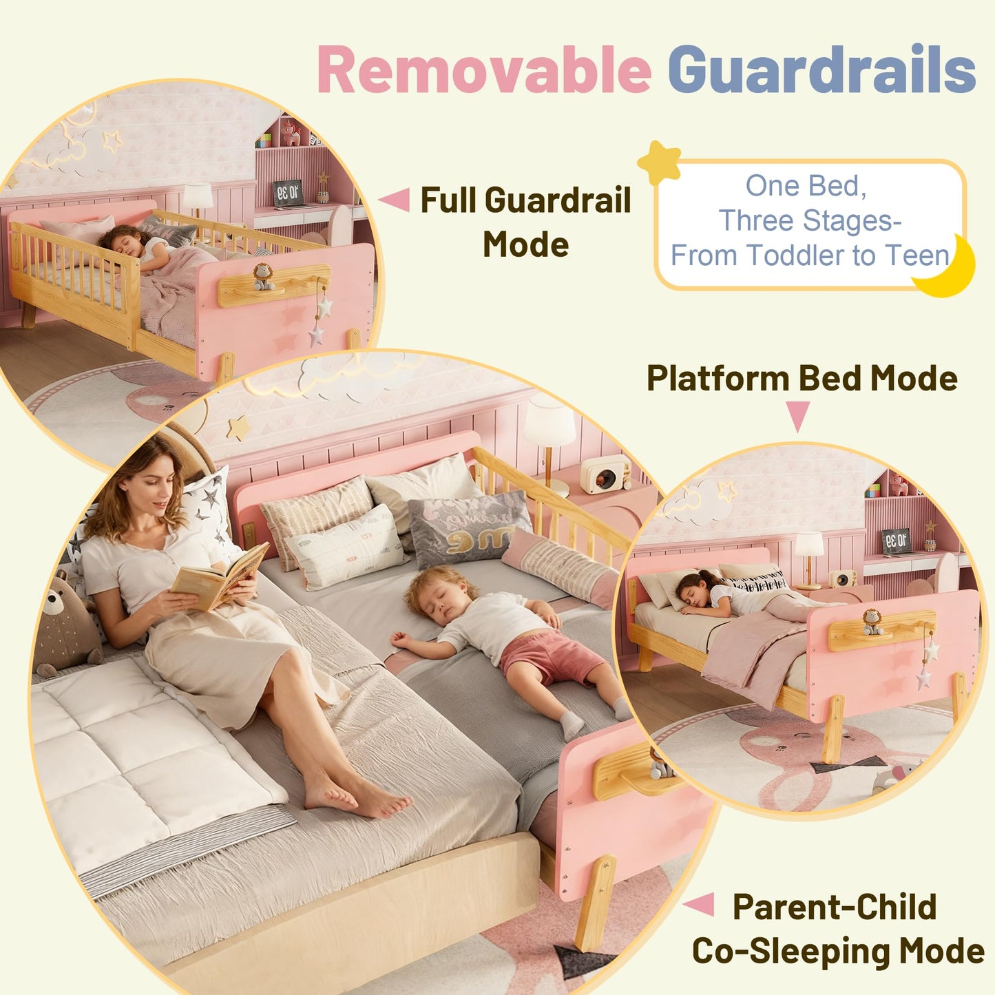 Aurnienofus Full Size Bed Frame with Removable Rails, Montessori Wood Beds with Headboard, Storage Shelf & 2 Hanging Rod, Full Bed Frames Low to Ground for Children Boys Girls, Pink