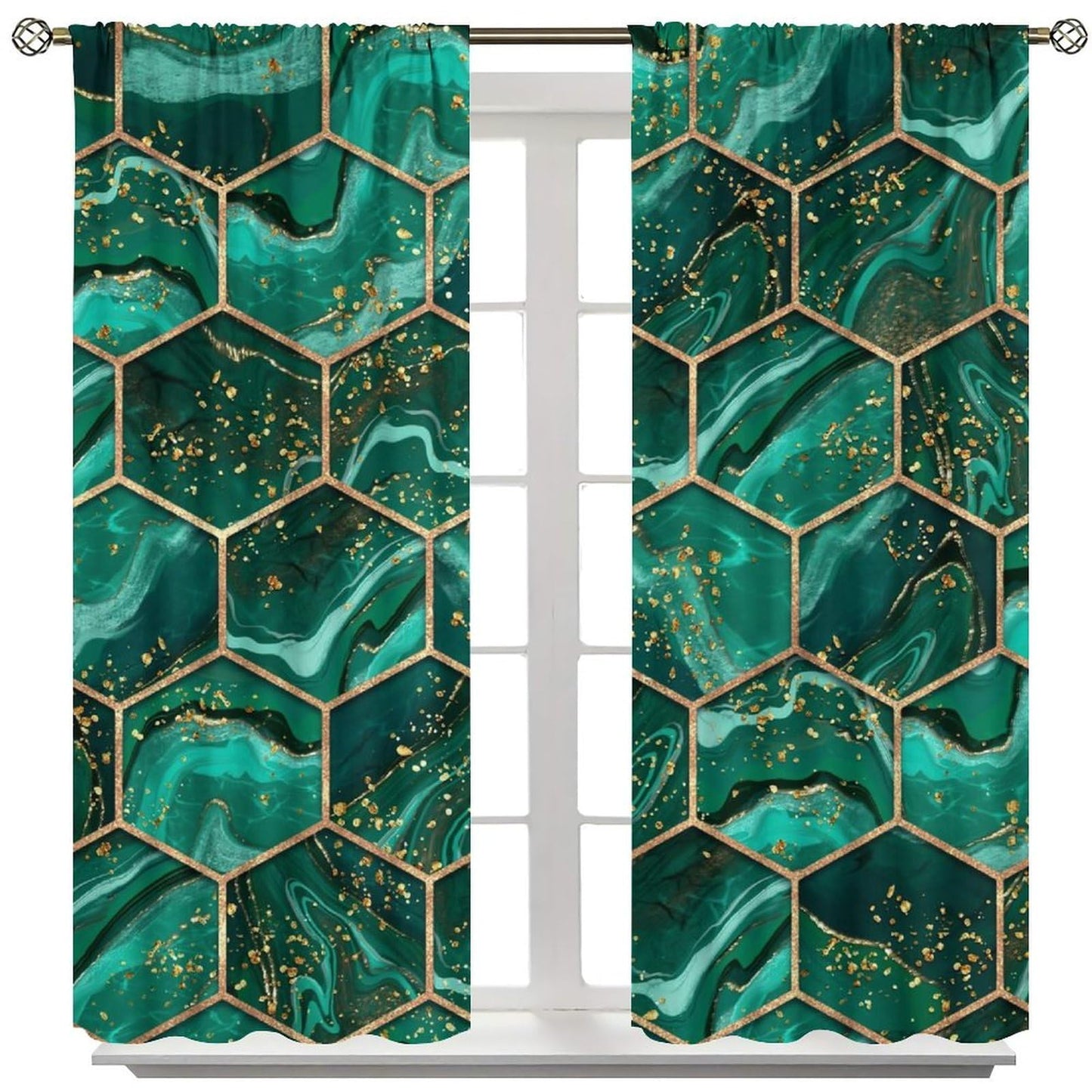 BPANAOAD Green Hexagon Marble Blackout Curtains 2 Panels, Gold Foil Print Luxury Modern Geometric Grommet Drapes, Thermal Insulated Room Darkening Window Treatments for Living Room Bedroom 42x44 Inch
