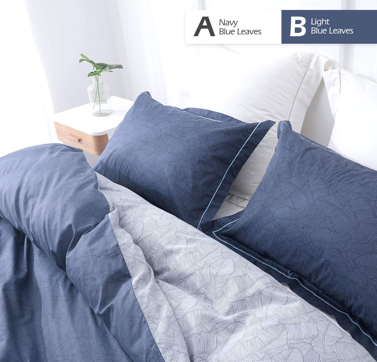 SLEEPBELLA Comforter Queen Size, 600 Thread Count Cotton Navy & Grey Leaves Reveisible Comforter Sets, Down Alternative Bedding Set 3Pcs(Queen, Navy&Blue Leaves)