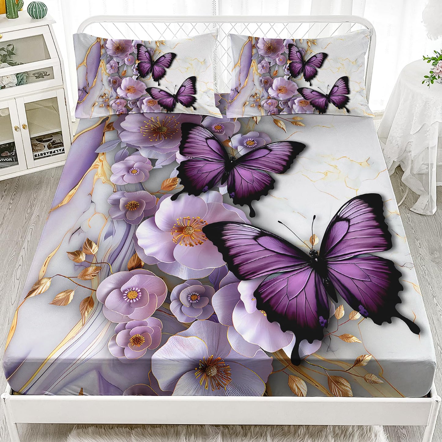 AILONEN Purple Floral Butterfly Fitted Sheet Set Full Size,Gold White Marble Flower Bedding Set for Kids Girls Women,1 Fitted Sheet with 2 Pillowcases-3 Pieces