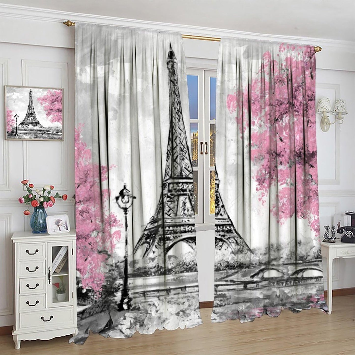 Eiffel Tower Curtains Pink Scene Romantic Decor Paris Eiffel Tower Cityscape Rod Pocket Window Treatments for Girls Women Bedroom Living Room 2 Panels 41" x 45" （No Blackout）