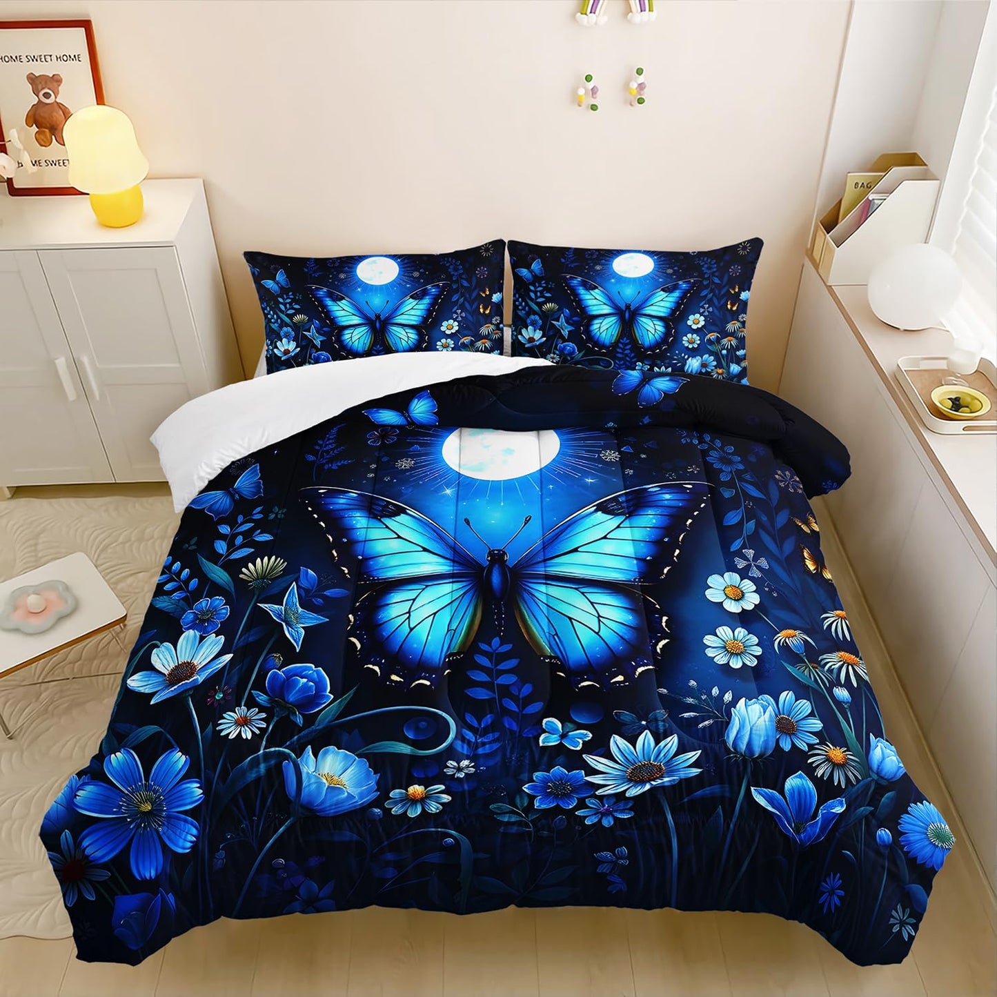 XYNHML Blue Butterfly Themed Comforter 3Pcs Twin Romantic Flower Butterflies Bedding Set for Kid Teen Girl Boy Adult Aesthetics Moonlight Floral Quilt Bed Decor with 1 Comforter and 2 Pillowcases