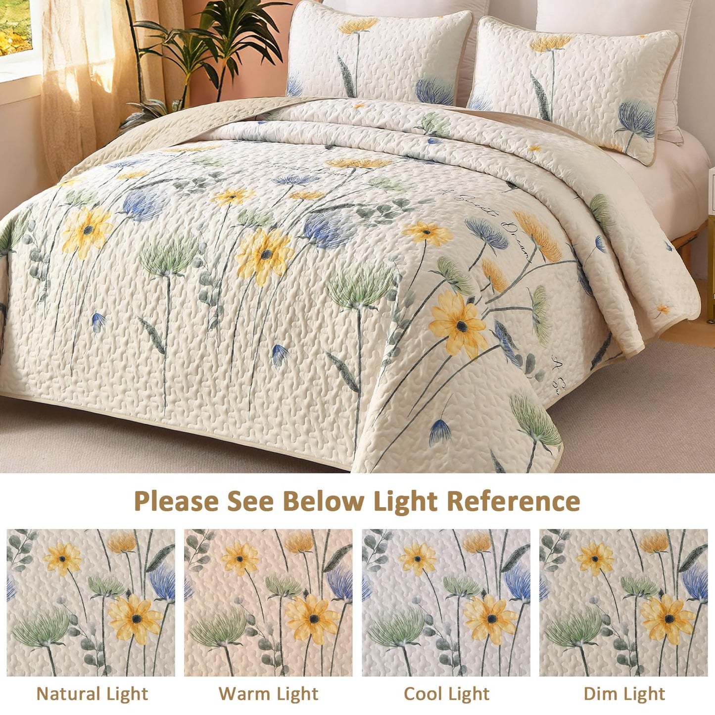 DinjoyBeige Quilt Set Queen,3 Pieces Colorful Floral Printed Bedspread Set,Soft Microfiber Reversible Bedding Coverlet for All Seasons