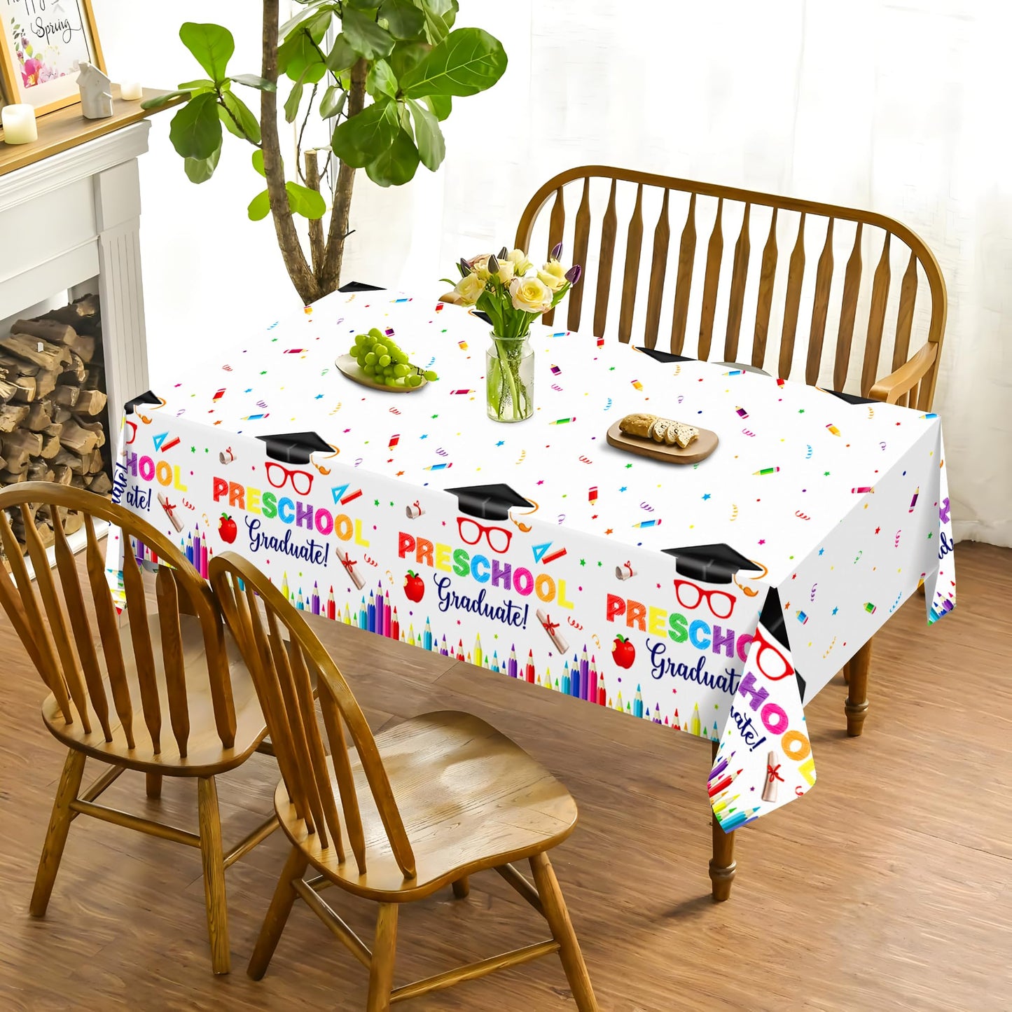 CC HOME 1Pc Preschool Graduation Party Plastic Tablecloth 54 x 87 Inch Long Table Cover, Colorful Crayon Party Tablecover for Graduate Theme Kids Baby Shower Birthday Dinner Picnic Kitchen Event